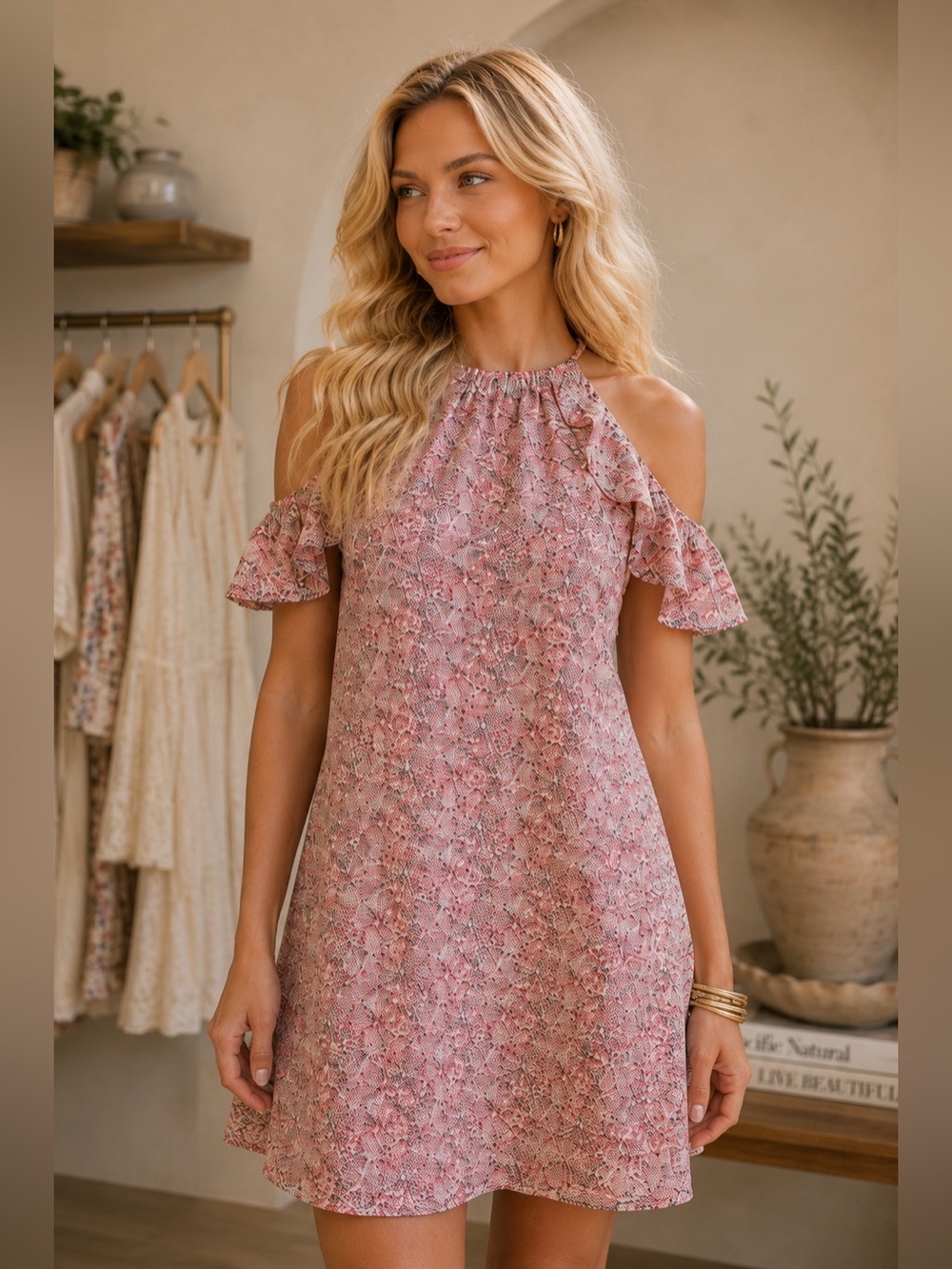 Blue Rain Romantic Western Floral Halter Ruffle Cold Shoulder Dress‎ Medium EUC